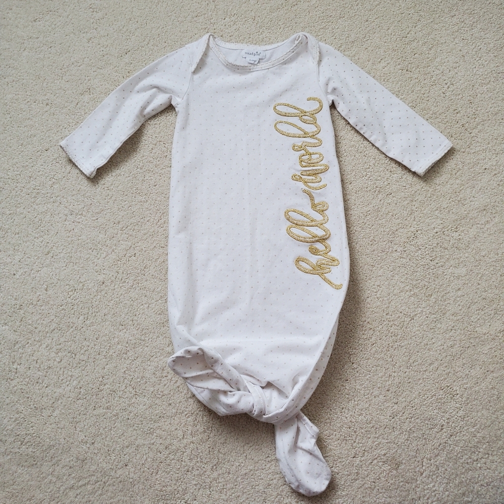 Mud Pie Baby White and Gold "Hello World" Tie Nightgown Pajamas sz3-6m